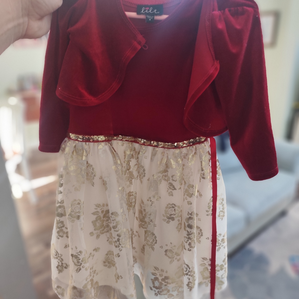 Red and Gold Baby Dress with Floral Skirt